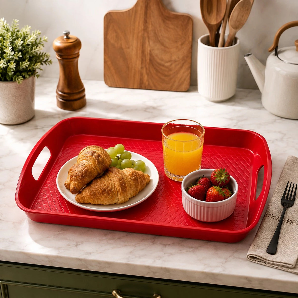 Vyzro Non-Slip Serving Tray with Handles - Plastic Kitchen Food Serving Tray
