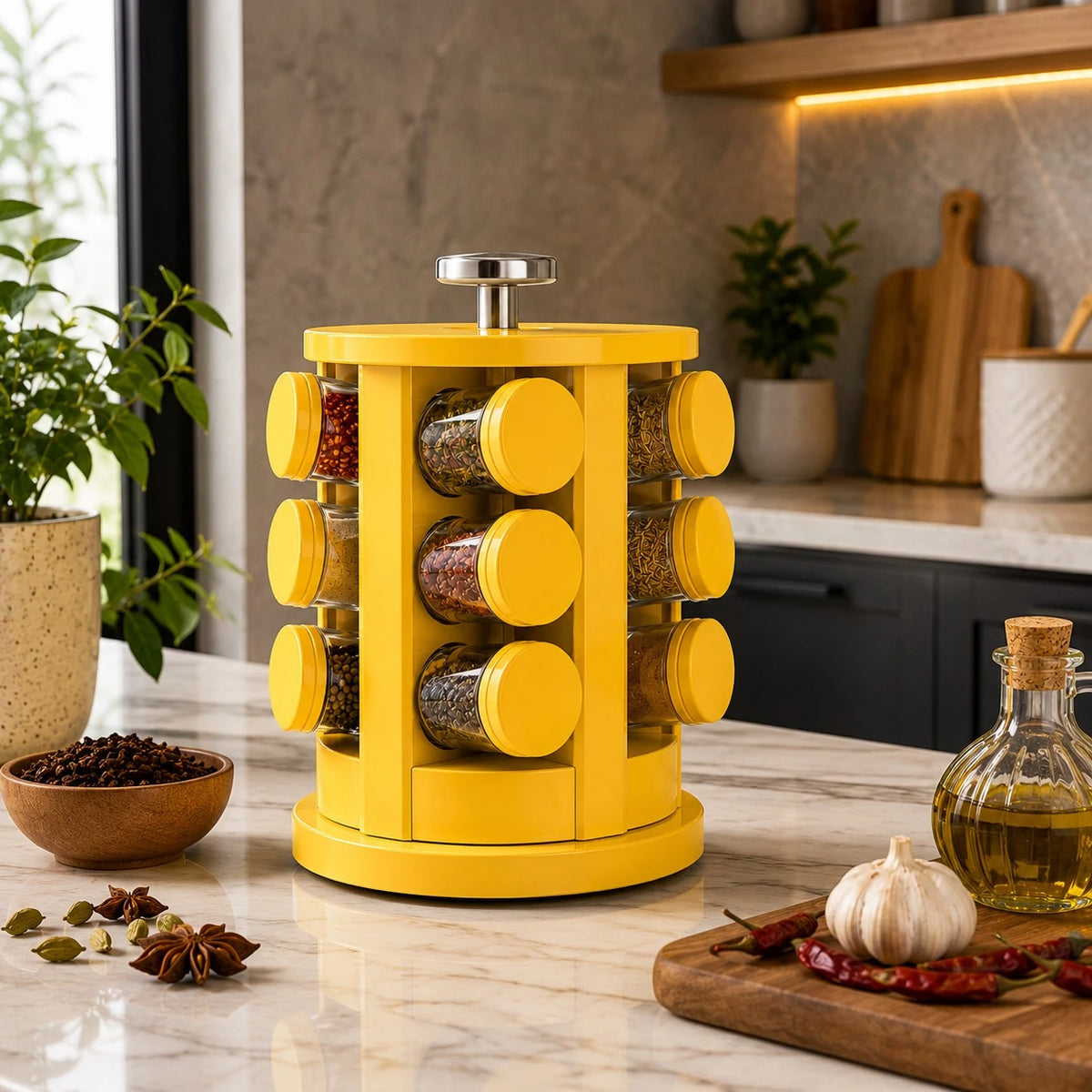 Vyzro Revolving Spice Rack Organizer with Glass Jars - Yellow Countertop Spice Holder Set